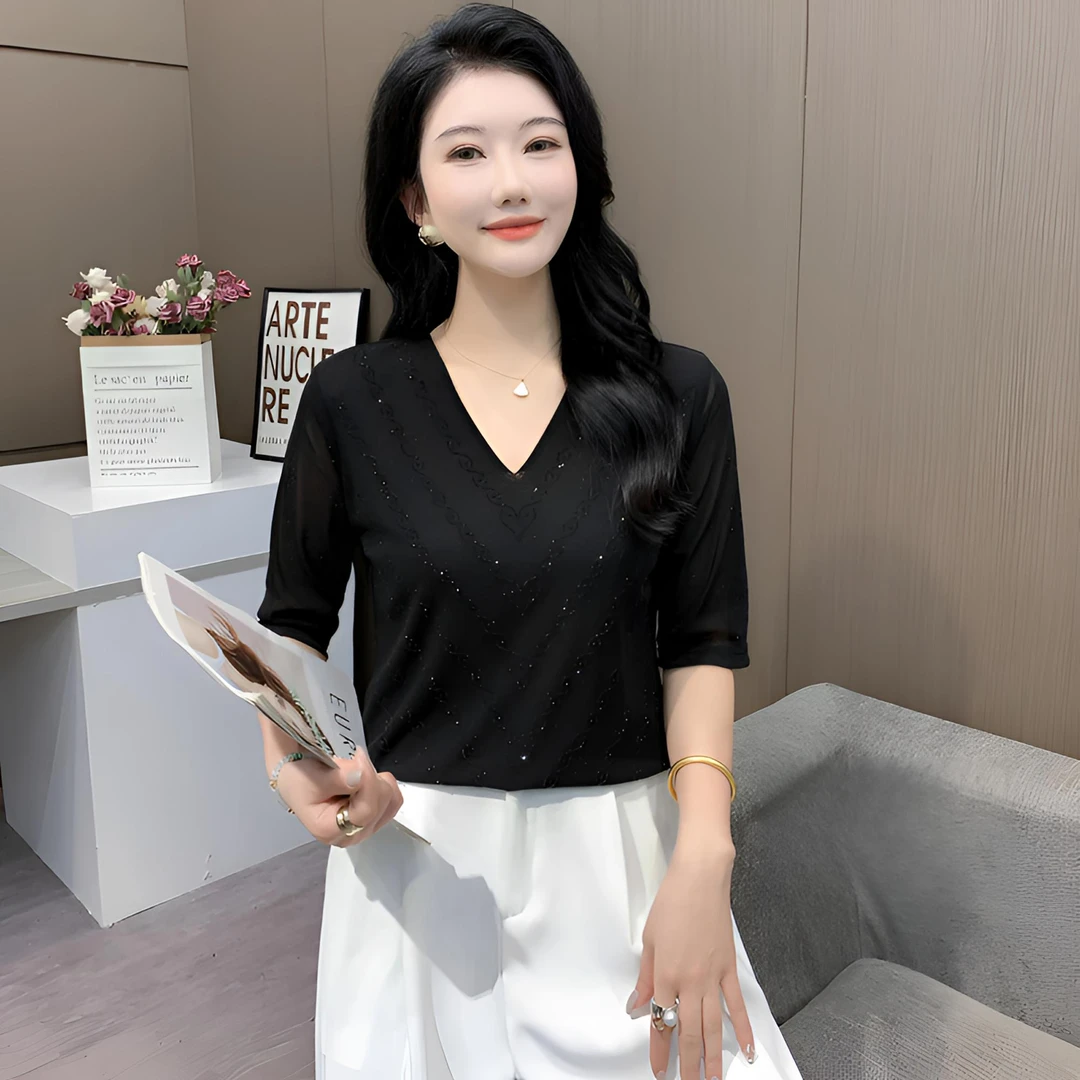 洋气百搭遮肚显瘦V领夏季打底衫中袖新款网纱女时尚烫钻春秋减龄