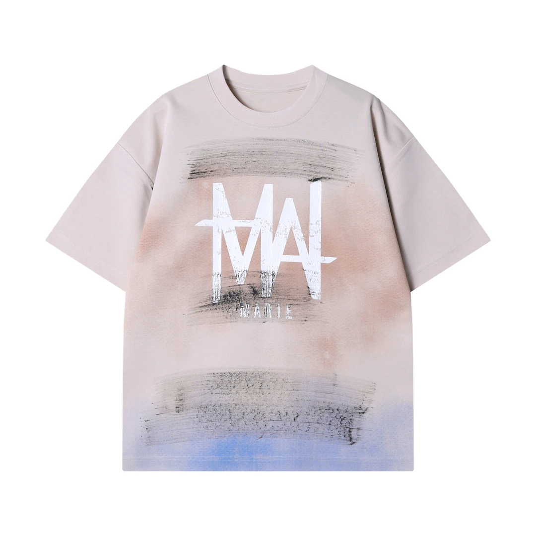 春夏新款时尚个性渐变字母印花涂鸦美式潮牌街头宽松圆领短袖