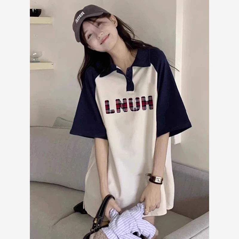 女大童美式复古夏季纯棉polo衫短袖T恤宽松休闲百搭国潮印花上衣