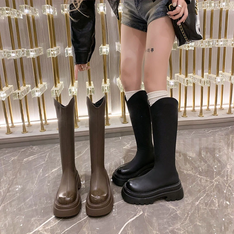 韩版马丁靴女长筒靴2025年新款秋冬季不过膝中筒骑士靴小个子长靴