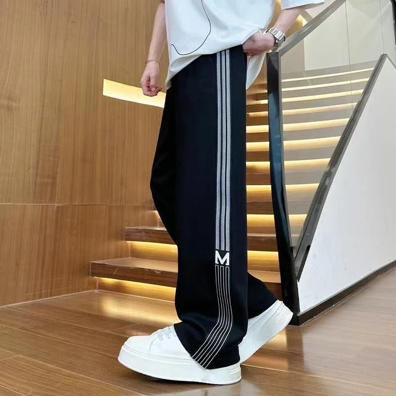 美式休闲裤子男夏季薄款学生条纹拼接百搭运动裤青少年直筒阔脚裤