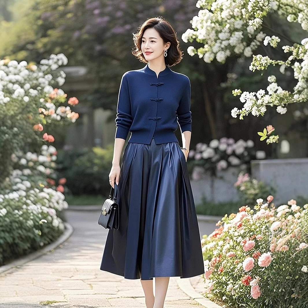 中年妈妈遮肚藏肉两件套新中式国风针织衫半身裙2025新款女装套装