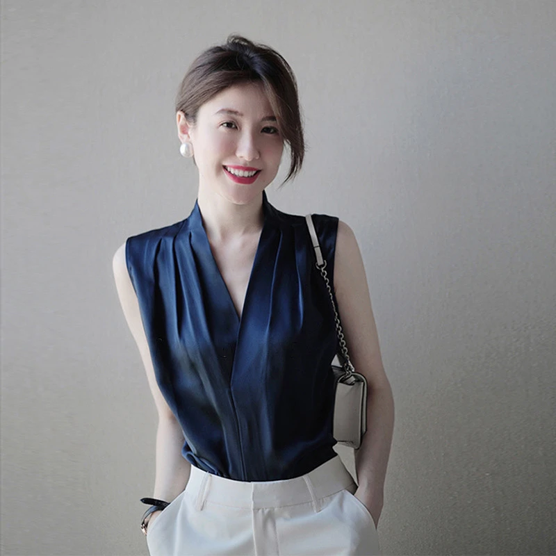 纯色缎面真丝领吊带背心女夏季西装内搭三醋酸无袖衬衣挂脖上衣