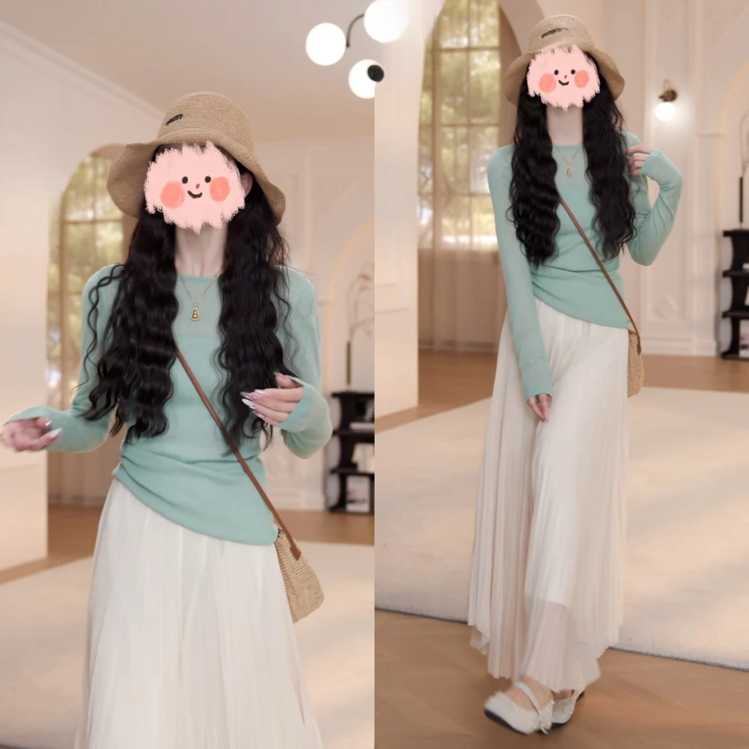 春游出行衣服薄荷曼波套装女绿色针织衫不规则半身裙气质两件套