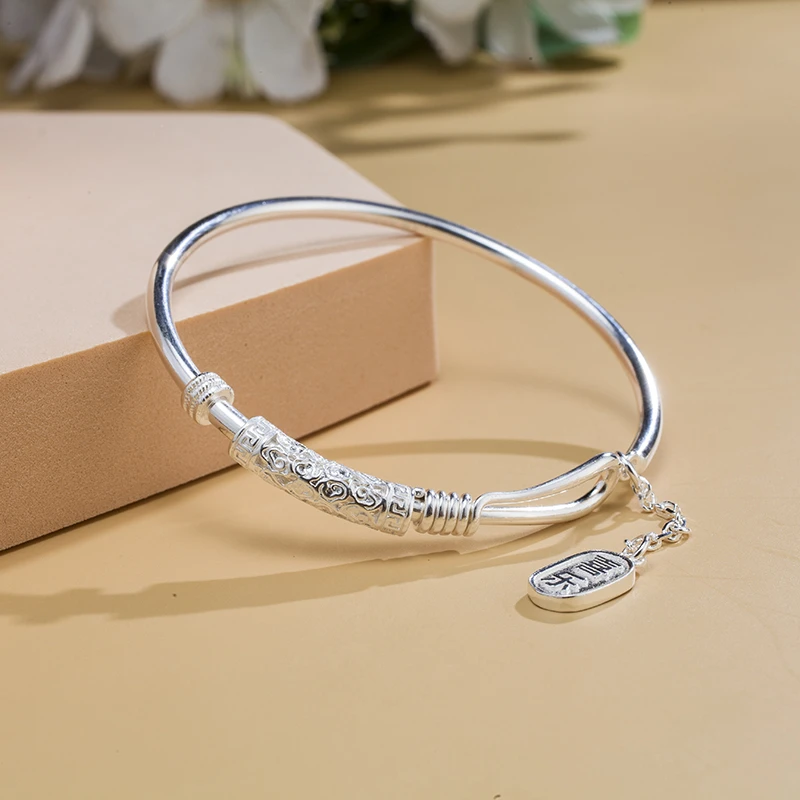 足银手镯 足银999手镯 金汇徕足银平安喜乐手镯开口可调节女款