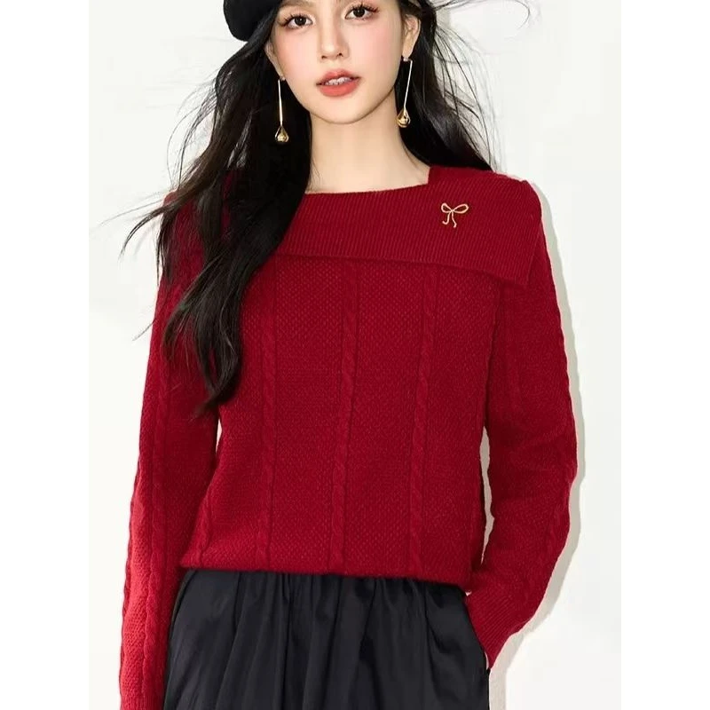红色一字肩翻领毛衣女秋季新款复古绞花超好看针织衫上衣