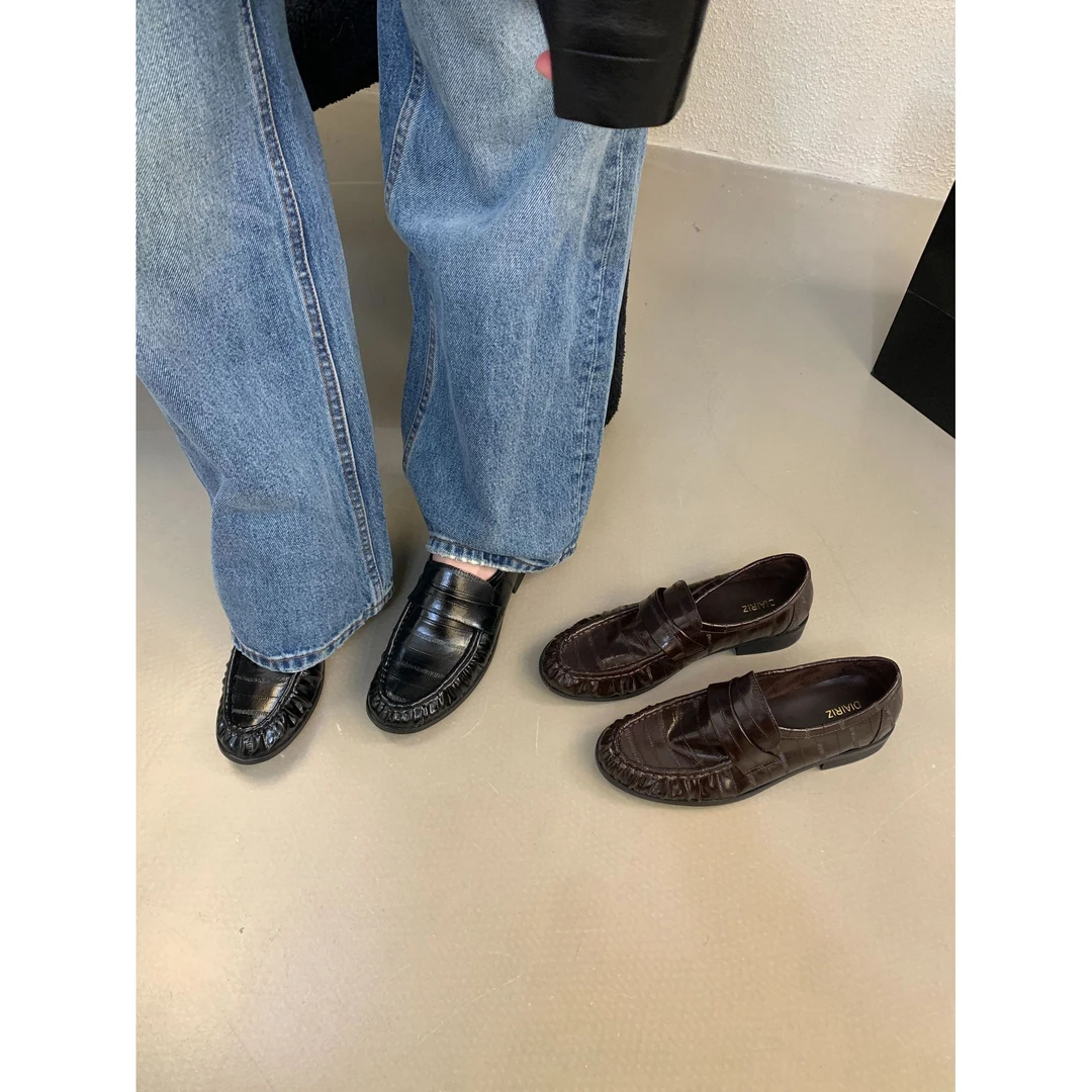 软底厚底外穿春秋百搭乐福鞋女款人造革圆头搭扣低跟