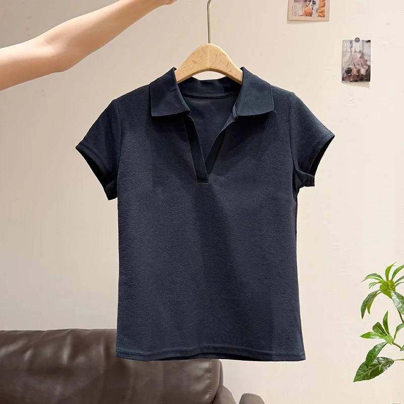 黑色正肩POLO衫短袖t恤女夏季新款修身休闲显瘦翻领洋气百搭上衣