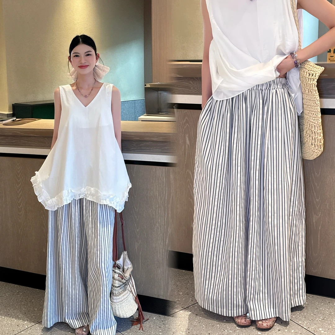 李慧一【亚麻条纹裤】夏季阔腿宽松时尚百搭显瘦松紧腰时尚休闲裤