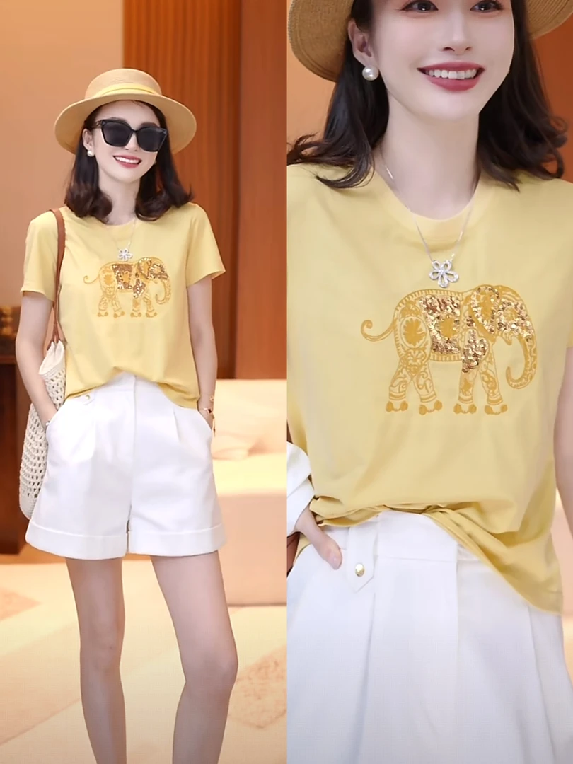 JDND轩羽【金象绮罗】夏季时尚气质减龄亮片休闲百搭T恤XY252792