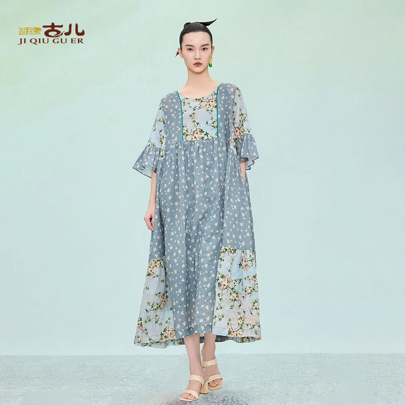 吉丘古儿灰月苎麻连衣裙国风新中式田园度假风休闲碎花裙G252Y026
