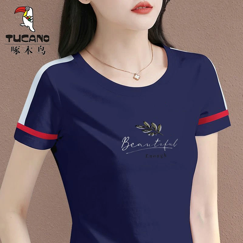 啄木鸟正品新款气质时尚T恤女2025年夏季双拼色短袖百搭修身上衣