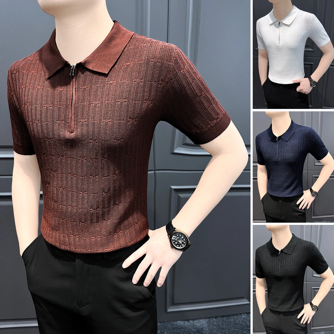 条纹短袖Polo衫男款爆款2025新款休闲男装半拉链针织男士t恤上衣