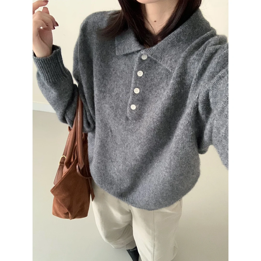 半开扣polo领宽松百搭显瘦毛衣针织衫