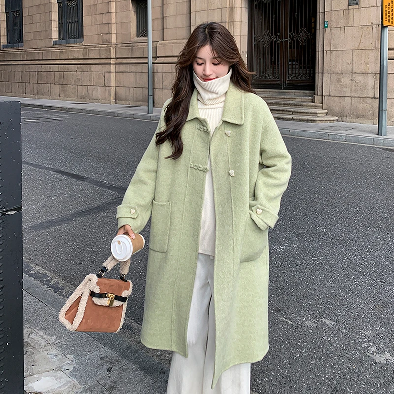 蓝海奕诺绿色双面羊毛大衣女2024年冬季新款温柔风中长款毛呢外套