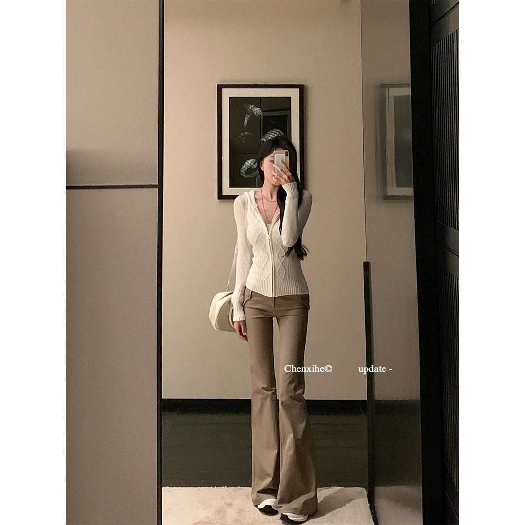 何晨曦 美式复古微喇休闲裤秋新款修身显瘦卡其色拖地长裤 T1123K