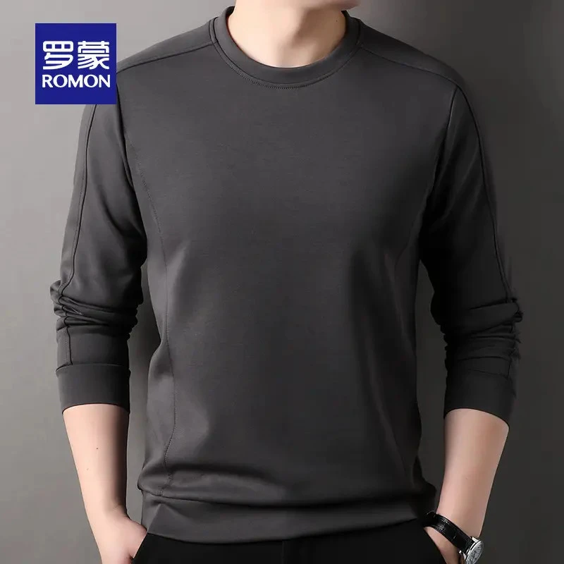 罗蒙春秋季新款圆领长袖纯色卫衣中年男士商务休闲打底T恤衫上衣