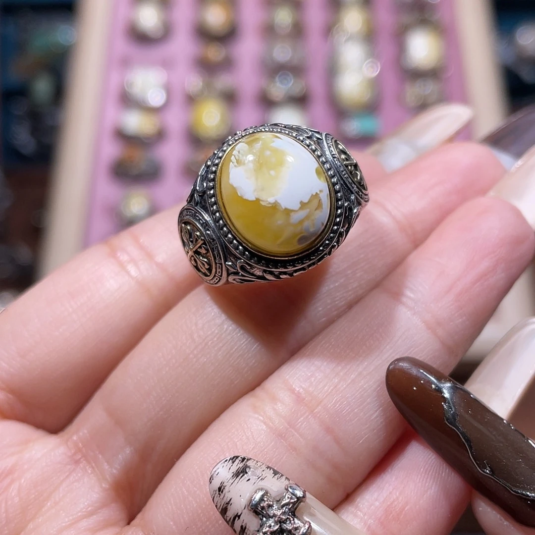 新***橙琥珀银S925镶嵌戒指