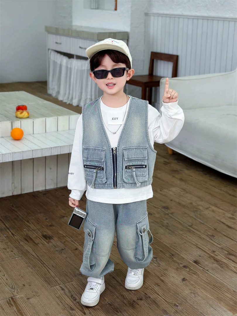 男童拉链牛仔马甲套装春秋男孩时髦痞帅牛仔工装裤小童休闲三件套