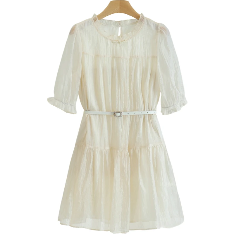 A068-伍莎服饰云仓【逸】五分袖收腰圆领连衣裙#QBP56L017