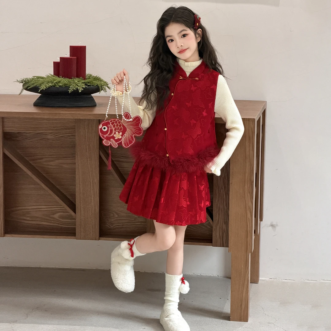 女童冬季连衣裙2025新款女孩红色拜年服大童新中式背心裙新年套装
