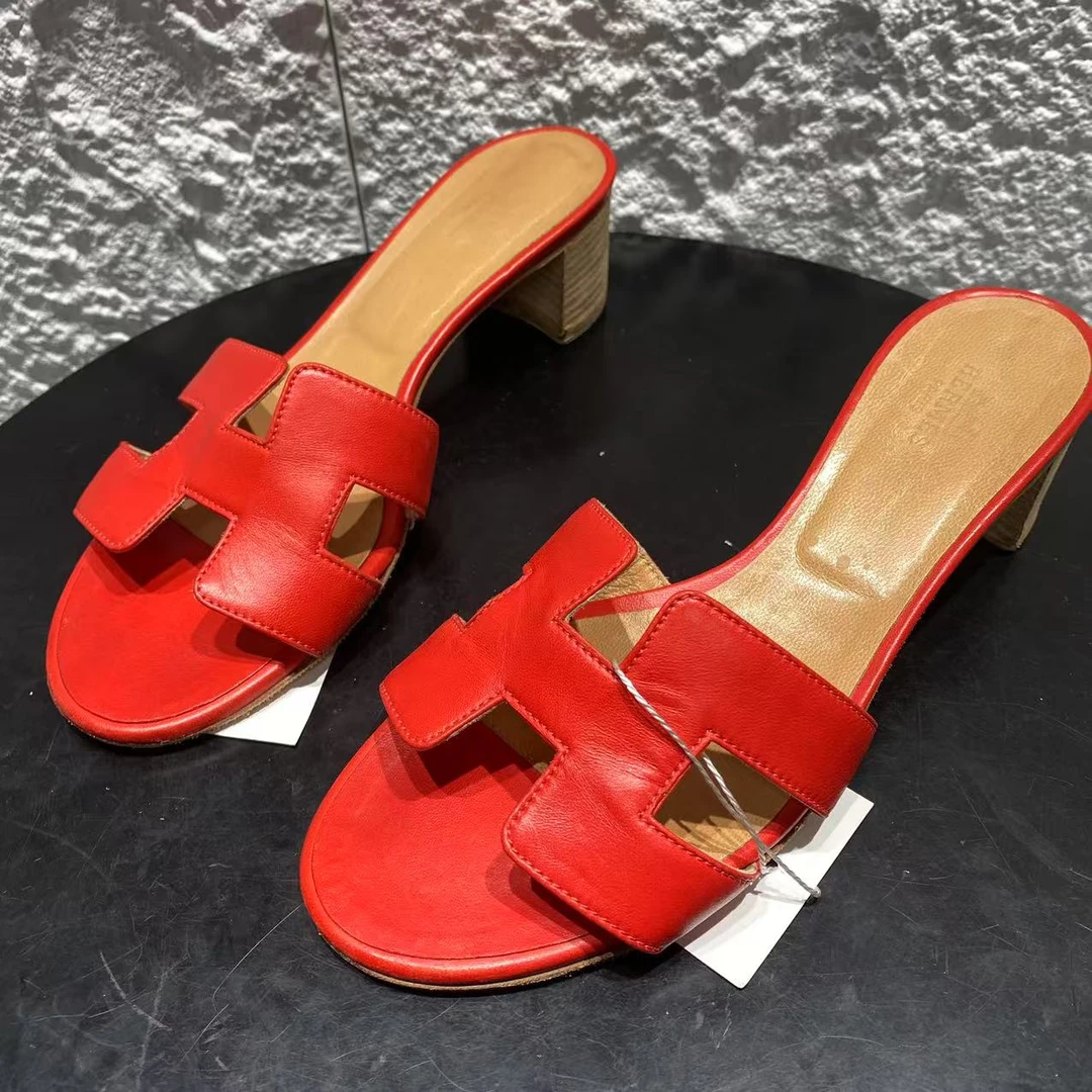 99新 Hermes/爱马仕 37码/仔仔女鞋/红棕拼色低跟时尚百搭单鞋865