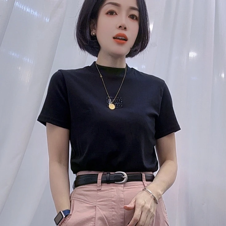 601圆领立领T恤女2025早秋韩版休闲时尚百搭修身显瘦短袖打底上衣