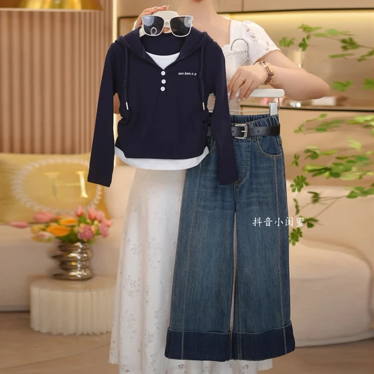 女童秋季2025新款时尚假两件连帽上衣阔腿裤牛仔裤套装女孩两件套