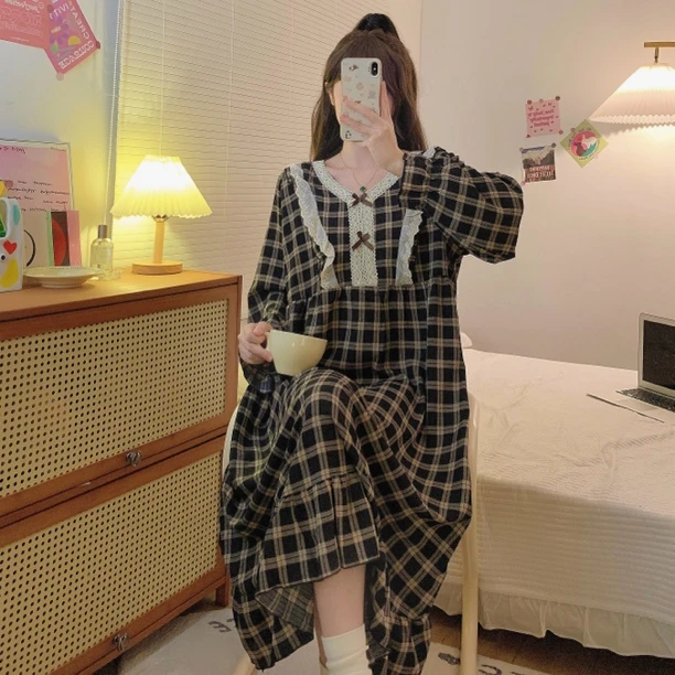 加肥加大胖MM睡裙甜美可爱减龄长袖中长裙蕾丝拼接家居服