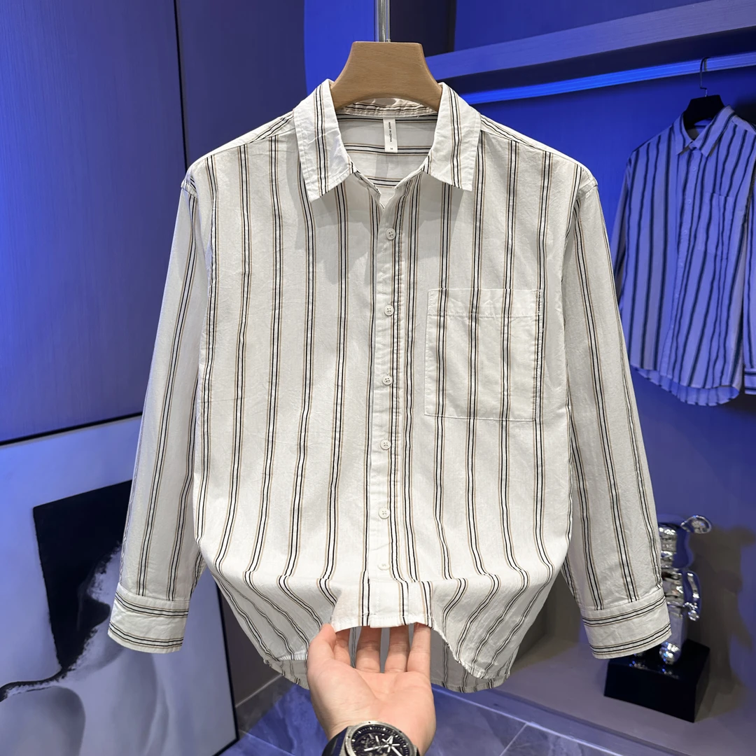 轻奢品质男装日系清新条纹衬衫秋季新款商务休闲撞色时尚百搭衬衣