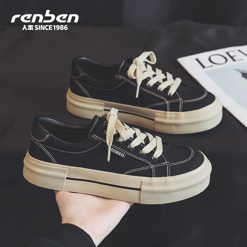 人本官方旗舰店2025薄款夏季低帮一脚蹬少女风帆布鞋休闲ol黑色潮