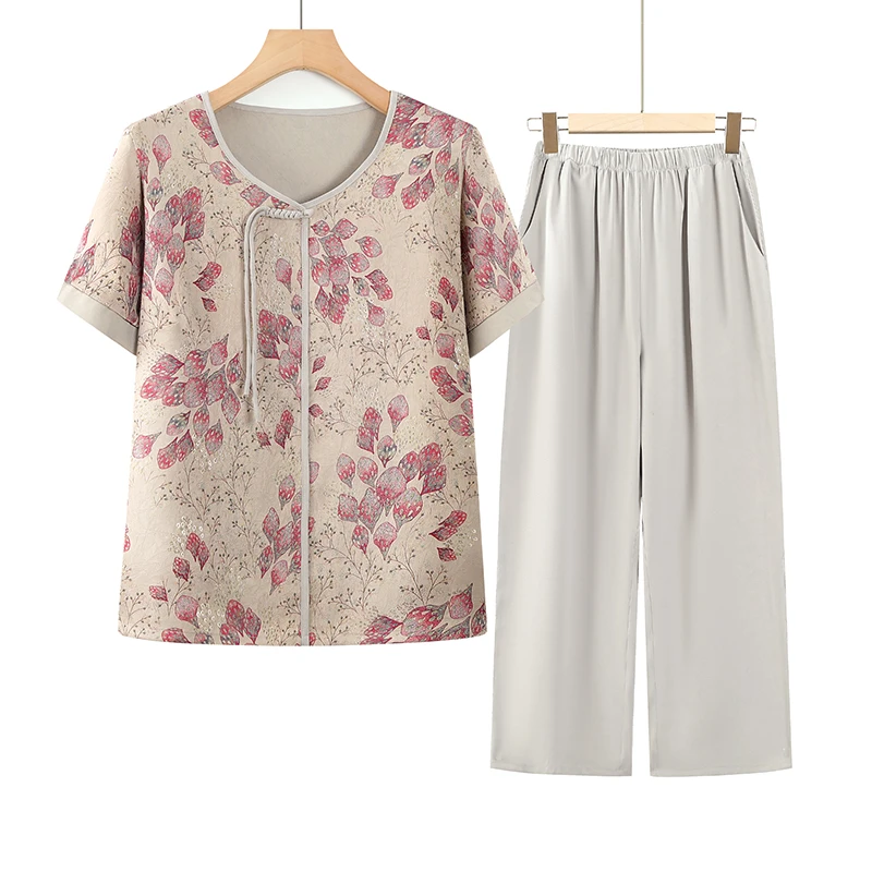 洋气国风中老年妈妈装套装女款中式夏季宽松老人奶奶装短袖两件套