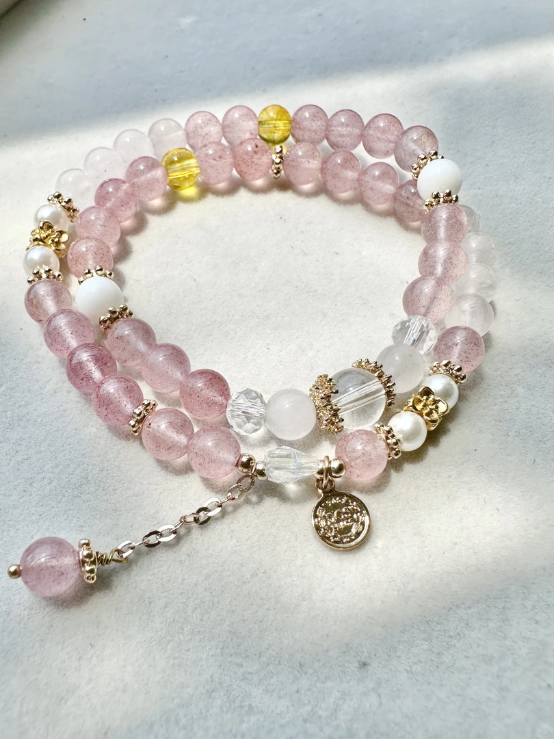 草莓晶粉红女简约风千金风百搭串珠饰品白月光