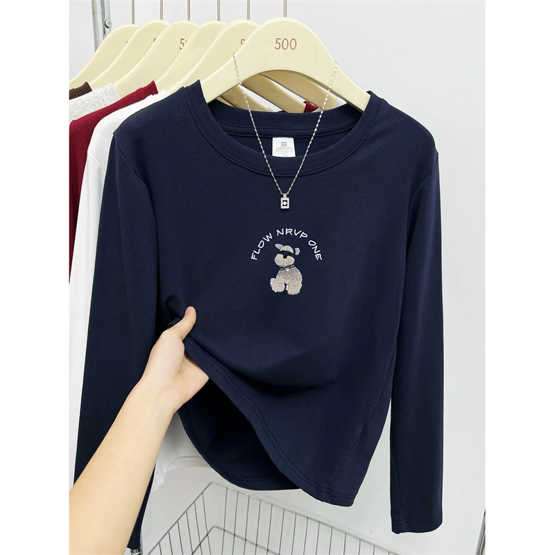 韩系藏蓝色正肩长袖t恤女秋季2025年新款胖mm大码洋气打底衫上衣