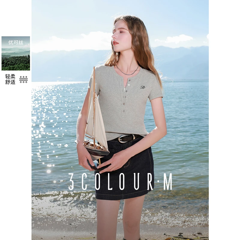 三彩2025春季新款优可丝修身短款T恤纽扣刺绣正肩短袖套头衫M