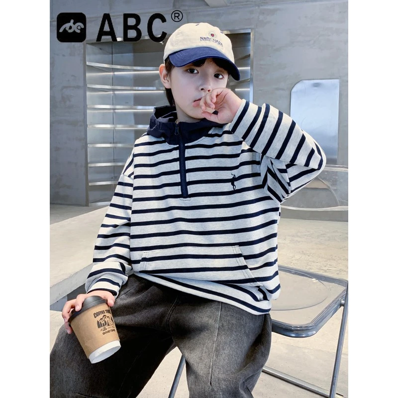 ABC男童秋装卫衣新款中大童春秋款休闲条纹长袖儿童秋季连帽上衣