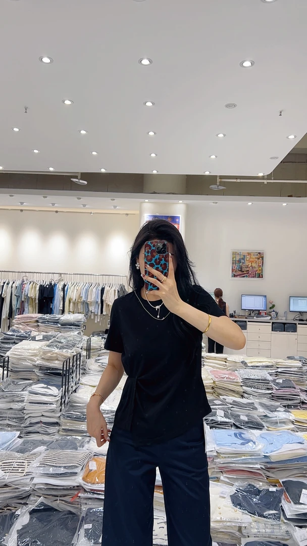 【褶皱短袖】欧货圆领侧边褶皱设计款短袖上衣-25837