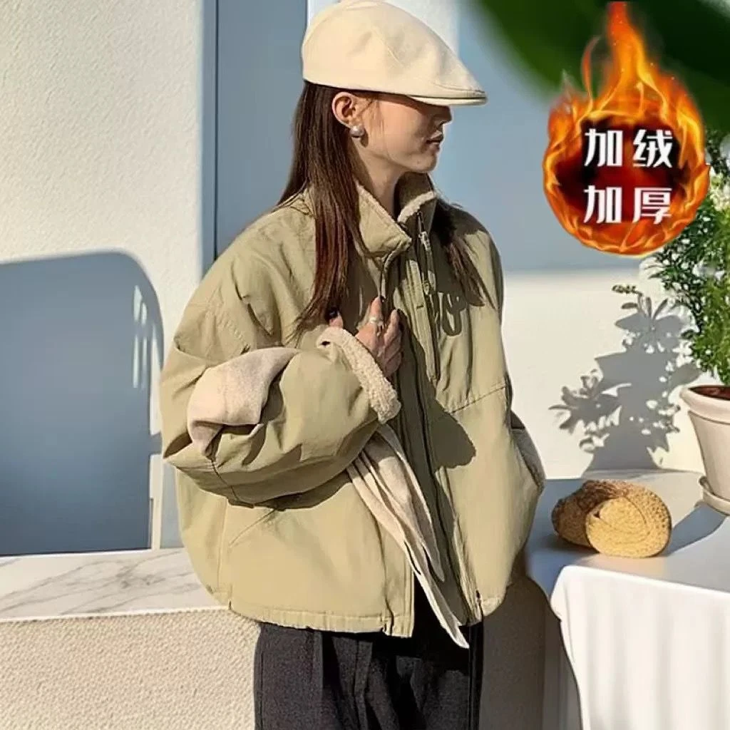 热卖立领短款派克服女2025冬季韩版双拉链设计防羊羔毛休闲外套