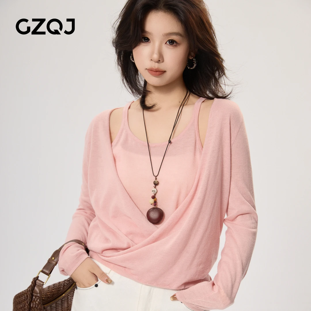 老琴私服【柔光织语】设计感吊带假两件镂空针织衫女秋98259