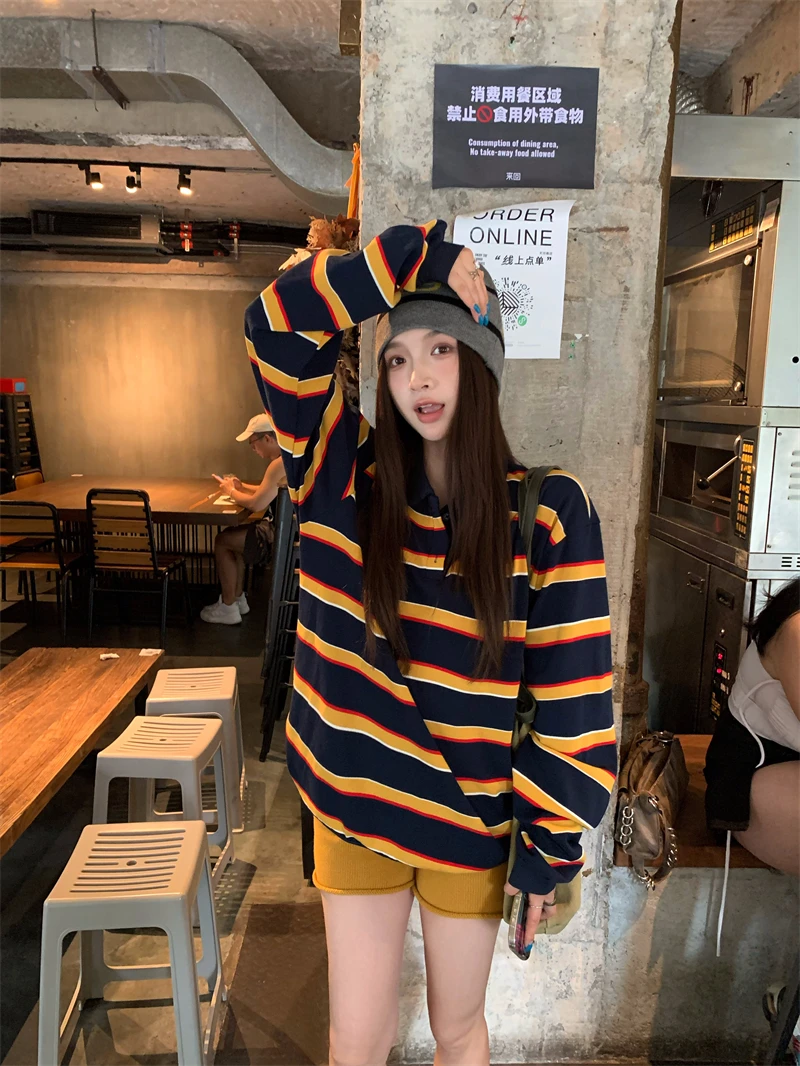 撞色条纹套头Polo领卫衣女秋季2025年新款美式复古宽松慵懒风上衣