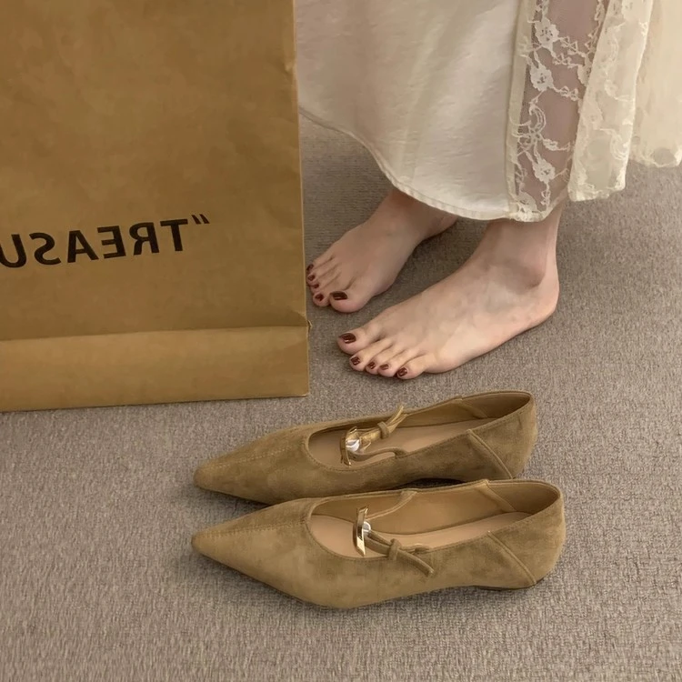 韩系绝美尖头绒面浅口单鞋女2025春秋新款百搭通勤内增高玛丽珍鞋