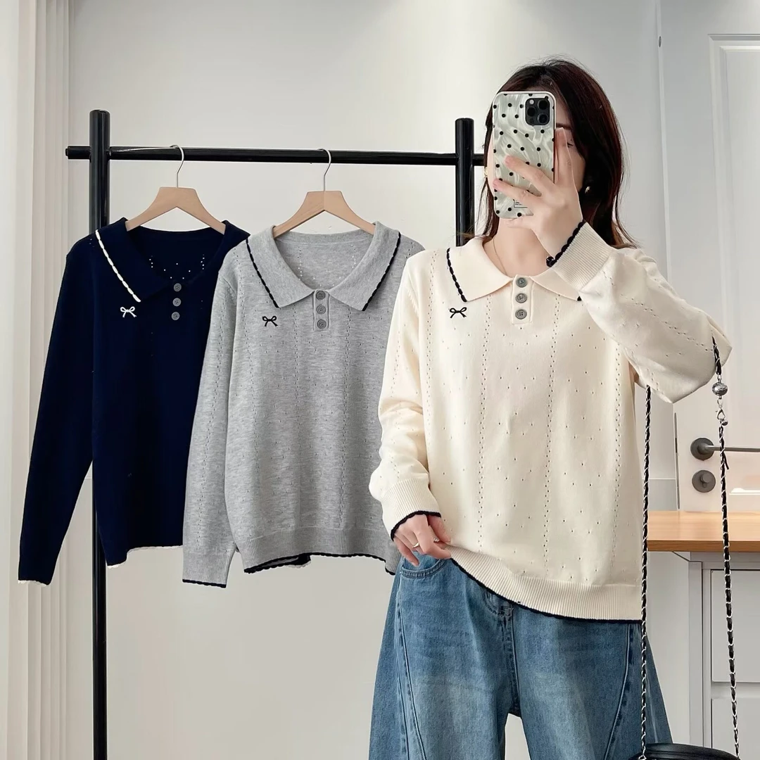 100-200斤大码女装胖mm秋款甜美百搭通勤刺绣撞色polo领毛衣6043
