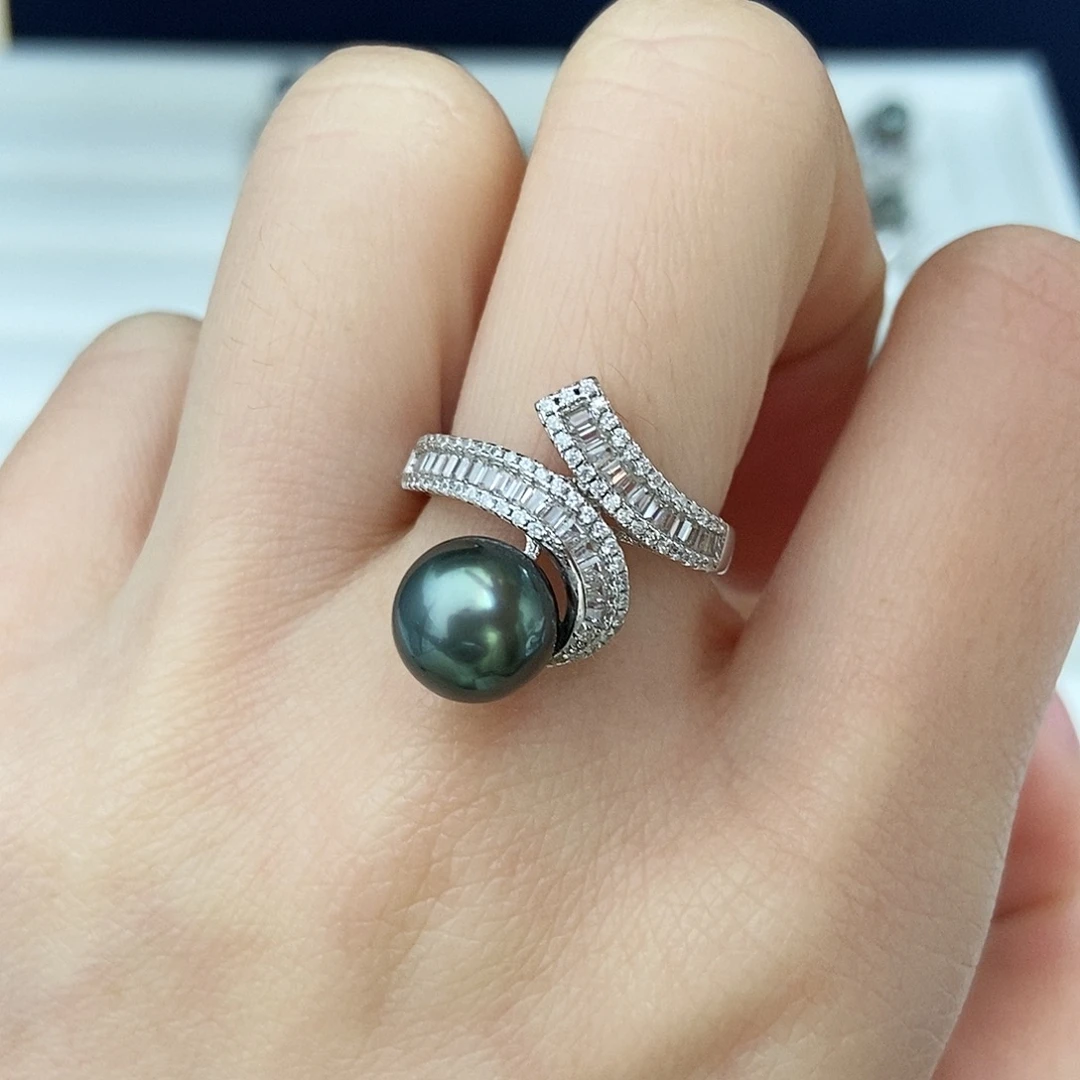 海水珍珠银S925镶嵌戒圈圣诞福利 孔雀绿戒指