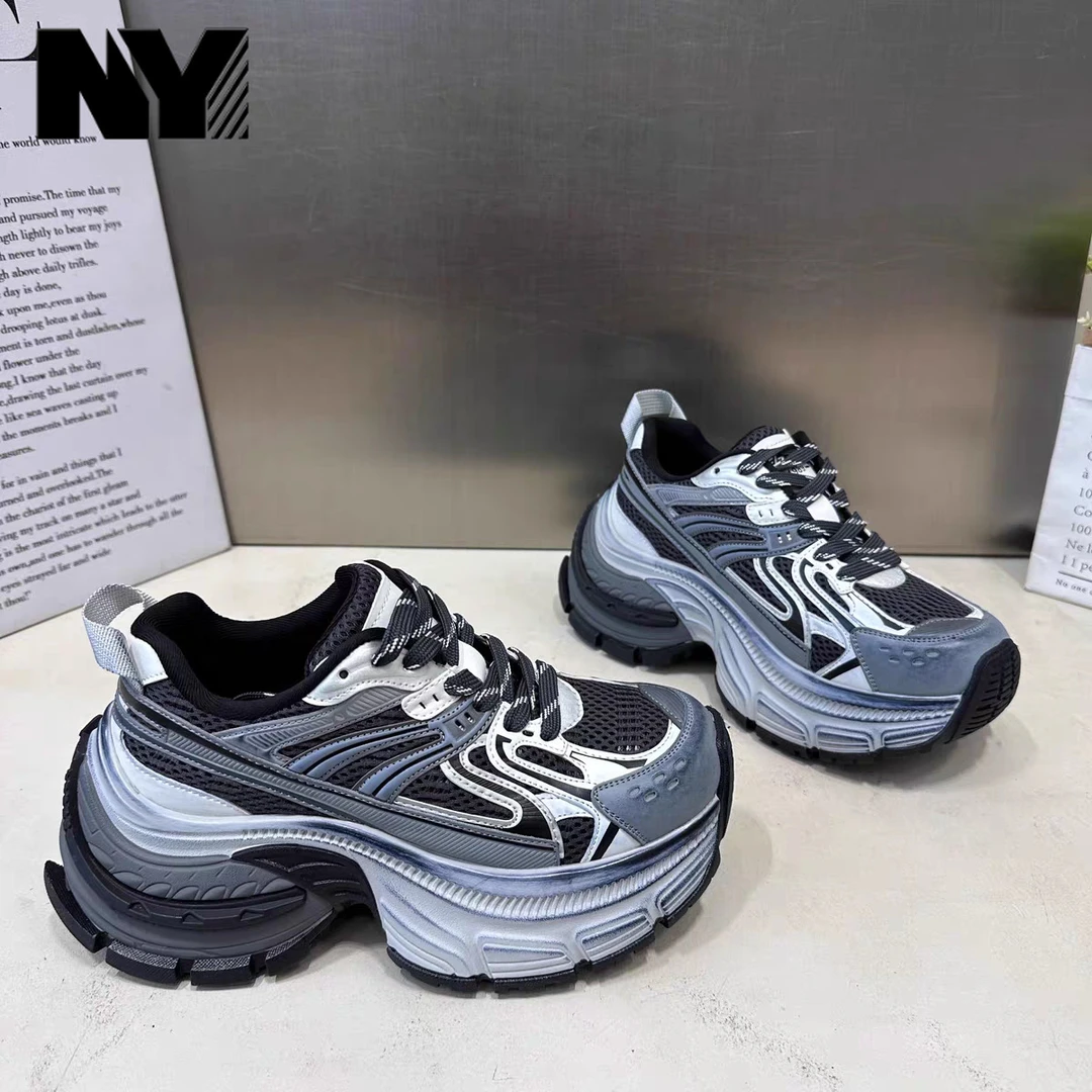 NY欧洲站运动休闲老爹鞋女2025春季新款厚底松糕炸街网面做旧女鞋