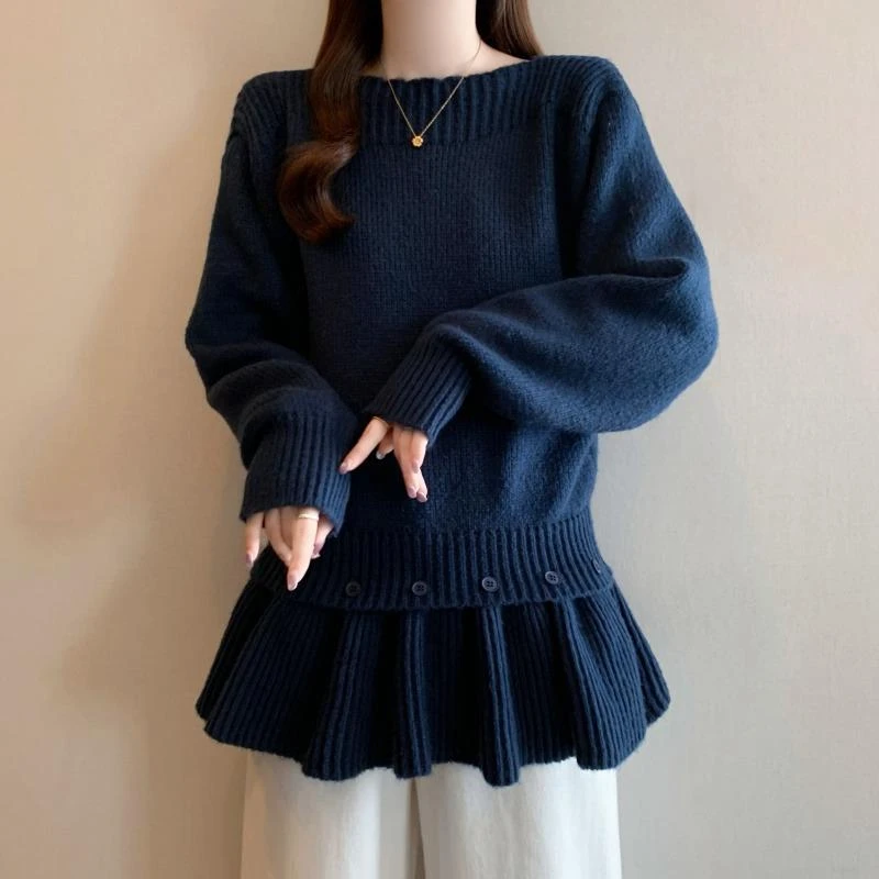 藏青色荷叶边下摆毛衣女秋冬大码胖mm中长款气质独特显瘦遮肚上衣