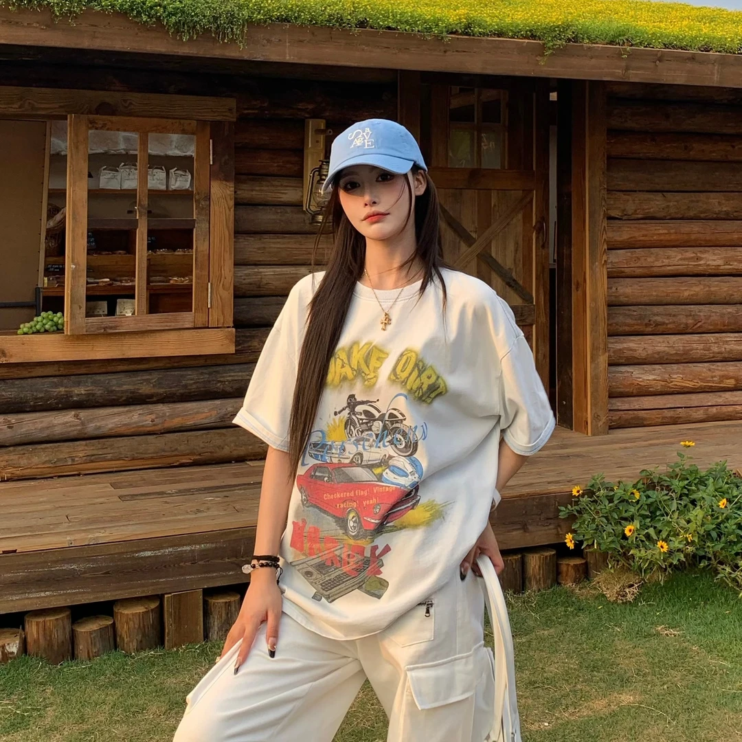 3MER 美式复古趣味短袖T恤女春夏甜酷慵懒bf宽松百搭上衣