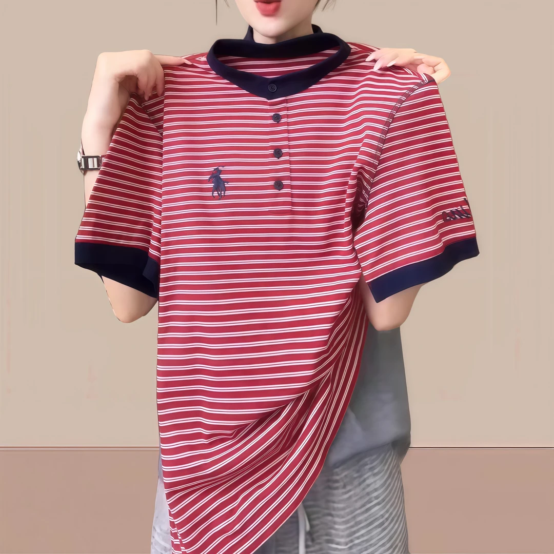 纯棉撞色短袖条纹T恤女韩版时尚刺绣立领圆领宽松型遮肉休闲上衣