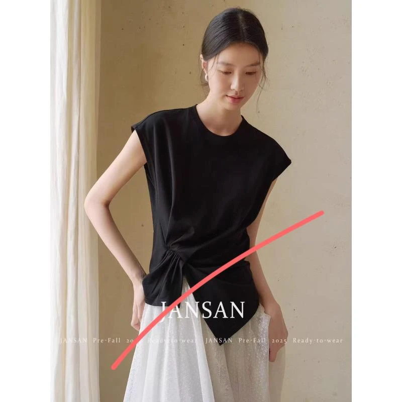 美美推荐90127莱赛尔面料褶皱不规则T恤