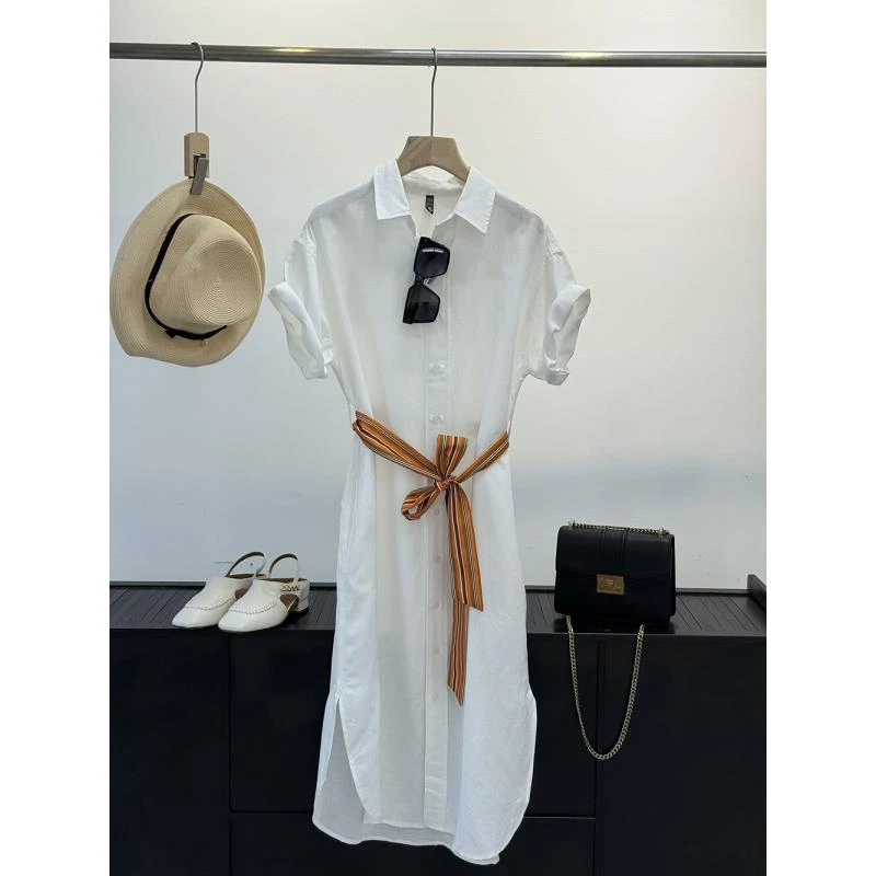 亚麻棉通勤显瘦腰带透气时尚亚麻衬衫式长裙度假连衣裙24690