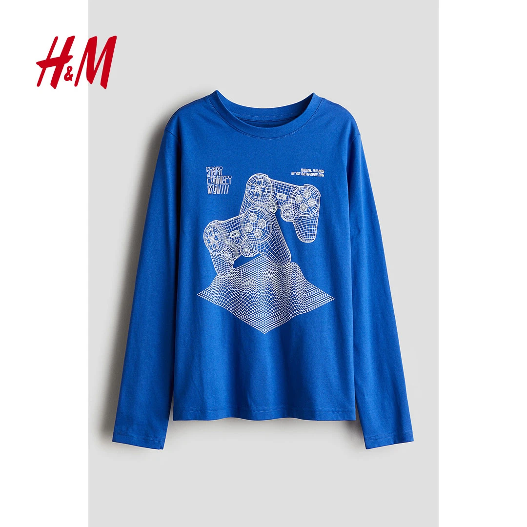 【达】HM男童2024秋季新款T恤潮流时尚舒适简约印花长袖上衣1195608